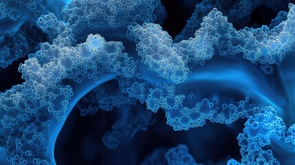 Poster - A close-up, fluorescent view of blue asbestos fibers under an electron microscope, revealing their complex, sharp structure on a dark, dramatic backdrop.
