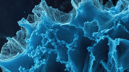Poster - A close-up, fluorescent view of blue asbestos fibers under an electron microscope, revealing their complex, sharp structure on a dark, dramatic backdrop.