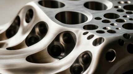 Poster - A close-up of a highly polished, machined metal part with intricate holes and curves, resting on a neutral background, emphasizing its industrial design.