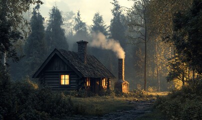Poster - A cozy cabin in a forest with smoke rising from the chimney at dusk.
