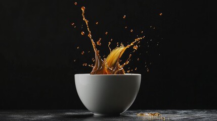 Poster - A dramatic shot of coffee spilling from a white cup with elegant splashes in mid-air, set against a dark background for a minimalist food art concept