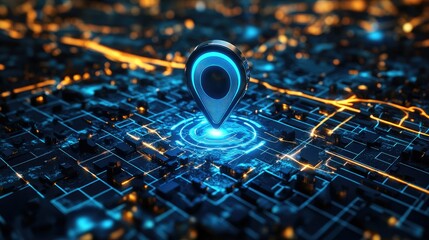 Poster - A high-tech 3D view of a blue location pin on a GPS map with route directions and an internet search bar for a futuristic travel concept