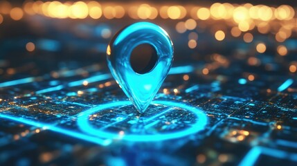 Poster - A high-tech 3D view of a blue location pin on a GPS map with route directions and an internet search bar for a futuristic travel concept