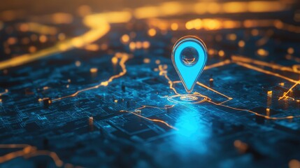 Poster - A high-tech 3D view of a blue location pin on a GPS map with route directions and an internet search bar for a futuristic travel concept