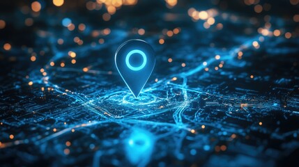 Poster - A high-tech 3D view of a blue location pin on a GPS map with route directions and an internet search bar for a futuristic travel concept