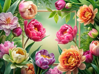 Wall Mural - Elegant Spring Floral Design Featuring Tulips and Peonies in Modern Botanical Frames for Wedding Invitations and Seasonal Banners