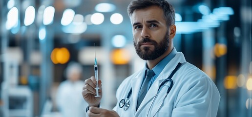 Aufkleber - A doctor holding a syringe in a medical setting, focused on his task.