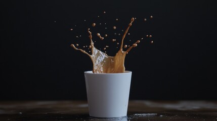 Poster - A minimalist shot of coffee splashing from a white cup, emphasizing motion and simplicity against a contrasting dark background for a dramatic effect