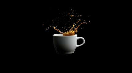 Poster - A minimalist shot of coffee splashing from a white cup, emphasizing motion and simplicity against a contrasting dark background for a dramatic effect