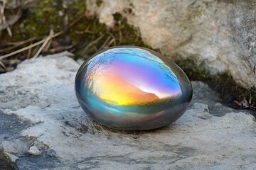 Poster - Iridescent egg-shaped object reflecting sunset on rocks.