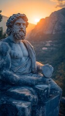 Wall Mural - An ancient Greece god stands majestically enjoying the warm glow of the morning sunrise in the background