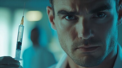 Poster - A focused individual holding a syringe, suggesting a medical or scientific context.