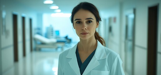 Aufkleber - A focused female doctor stands in a hospital corridor, ready to assist.