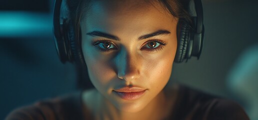 Poster - A focused individual wearing headphones, engaged in a digital activity.