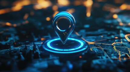 Poster - A vibrant 3D blue location pin marking a place on a GPS map, with an integrated search bar and route elements for travel and technology concepts