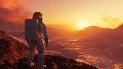 Poster - An astronaut stands on an alien landscape, illuminated by a fiery sunset sky. The rugged terrain contrasts with the vibrant hues in the atmosphere, showcasing the thrill of space exploration.