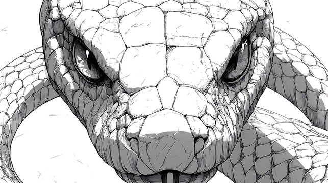 King cobra anime line art featuring intricate coiled snake design