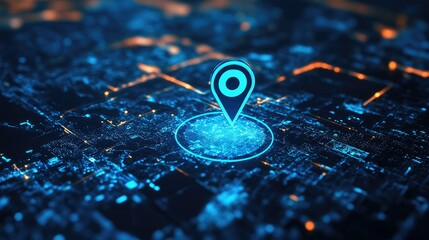 Poster - Blue location pin on a digital map, illustrating GPS navigation and travel destinations, enhanced with internet search bar icons and modern tech design