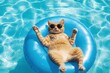 © stock.metket.com - Cat in sunglasses floating on blue pool float swimming pool clear water summer vibes