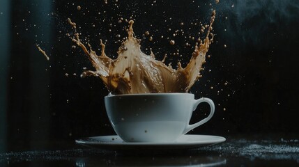 Poster - Captivating high-speed shot of coffee spilling from a white cup, frozen in motion on a dark backdrop, showcasing elegance and fluid motion