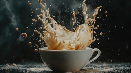 Poster - Captivating high-speed shot of coffee spilling from a white cup, frozen in motion on a dark backdrop, showcasing elegance and fluid motion