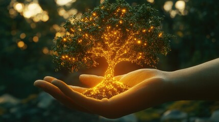 Poster - Concept image of a hand cradling a glowing tree, representing growth, nature conservation, and sustainable business practices for a greener future