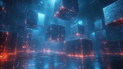 Poster - Futuristic Abstract Digital Landscape with Glowing Neon Cubes in a Dark Space, Representing Technology, Data, and Virtual Reality Concepts