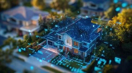 Poster - Financial investment in real estate with a digital screen overlay showing property values, market trends, and asset growth