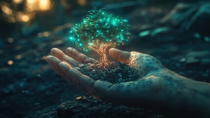 Aufkleber - Futuristic concept of a hand cradling a glowing tree, representing environmental sustainability, green technology, and eco-friendly innovation in business
