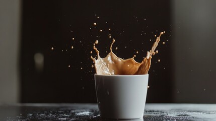 Poster - High-speed capture of coffee splashing from a white cup against a dark background, emphasizing fluid motion and minimalist elegance in photography