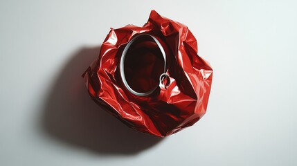 Poster - Isolated red crumpled aluminum can with ring pull on a white background, creating a stunning contrast and texture in low light for artistic detail