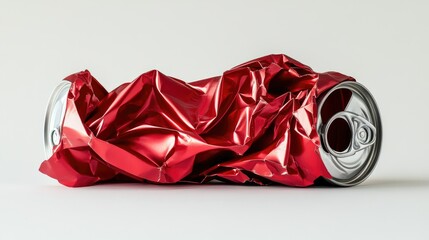 Poster - Red crumpled aluminum can with ring pull, isolated on a white background, captured in low light for striking contrast and emphasizing the texture