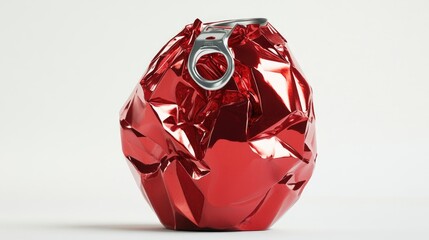 Poster - Red crumpled aluminum can with ring pull, isolated on a white background, captured in low light for striking contrast and emphasizing the texture
