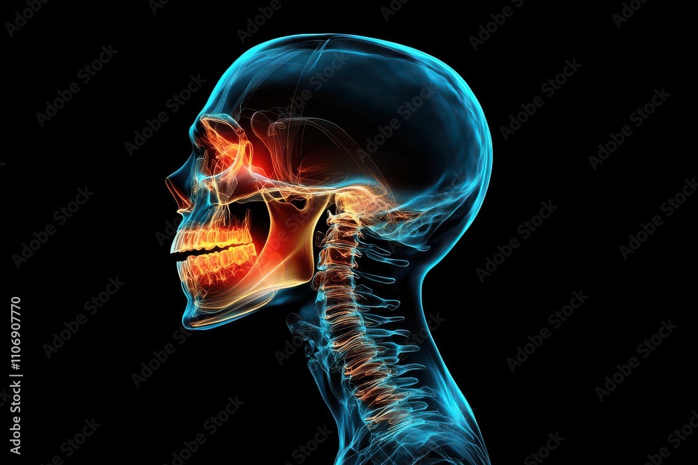 Medical illustration x-ray view of human skull and jaw anatomical ...