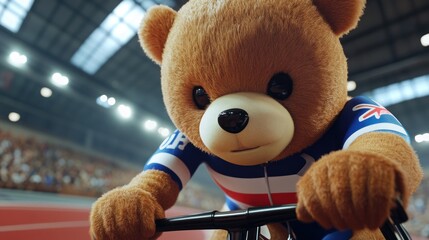 Poster - A cute teddy bear in a cycling outfit, focused on racing in a sports arena.
