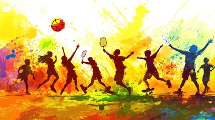 Poster - Colorful silhouettes of children engaged in various sports against a vibrant backdrop.