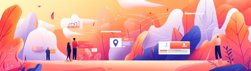 Aufkleber - A vibrant, abstract landscape depicting technology and social interaction concepts.