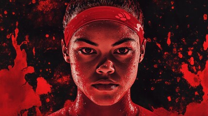 Aufkleber - Intense portrait of an athlete with a fierce expression and a red-themed background.