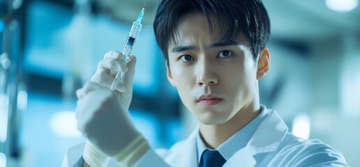 Poster - A scientist holding a syringe, focused on a medical task in a lab setting.