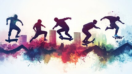Aufkleber - A dynamic silhouette of a skateboarder performing tricks against a colorful urban backdrop.