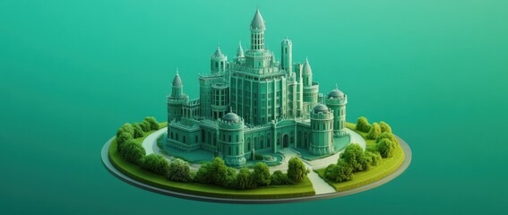 Poster - A detailed, fantastical castle model surrounded by greenery on a circular base.