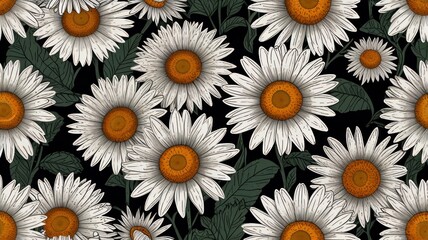 Seamless pattern of white daisies with orange centers on a black background.