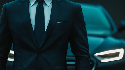 Stylish man in suit poses next to a sleek, modern car on sunny day in the city