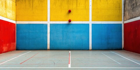 Poster - A vibrant wall with two red balls in a sports court, designed for games like racquetball.