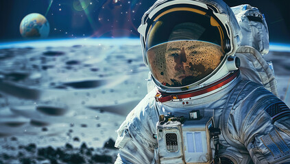 Poster - A astronaut is exploring Mars, wearing a spacesuit with a helmet, focused expression. The Martian surface is red with sand dunes, The sky is a deep blue. background of the vastness of space.