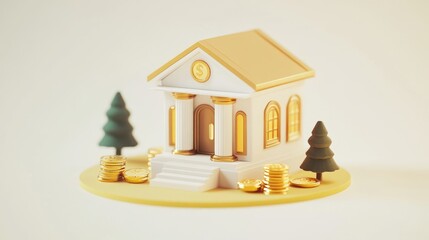 Poster - A stylized bank building surrounded by coins and trees, symbolizing finance and savings.