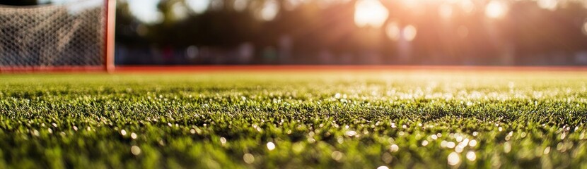 Poster - A close-up view of lush green grass on a sports field, illuminated by sunlight.