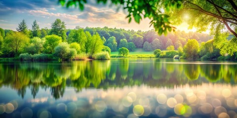 Sticker - Enchanting Reflection of Nature in a Lake Surrounded by Lush Greenery with Bokeh Effect Enhancing the Serene Beauty of the Landscape in a Tranquil Setting