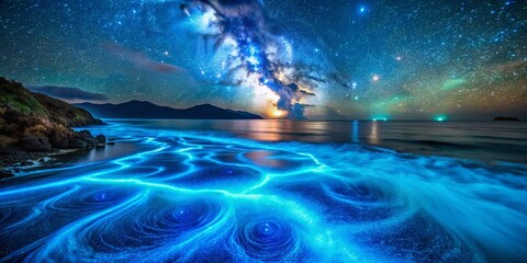 Poster - Enchanting Scene of Glowing Bioluminescent Algae Swirling in a Midnight Ocean, Illuminating the Waves with a Magical Blue Glow in an Architectural Photography Style