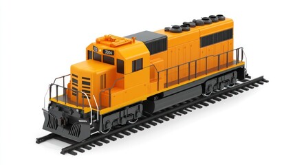 Poster - A vibrant orange diesel locomotive model on a set of tracks, symbolizing transportation.